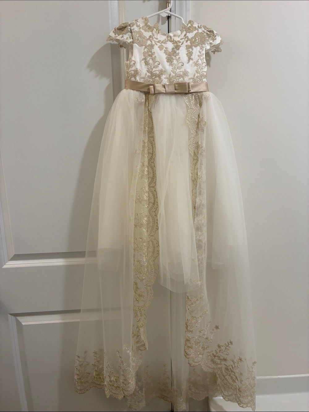 JJs House Ivory and Gold Lace Tulle Flower Girl Gown